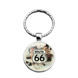 Vintage Route 66 metal keychain with glass cabochon featuring retro American highway motifs