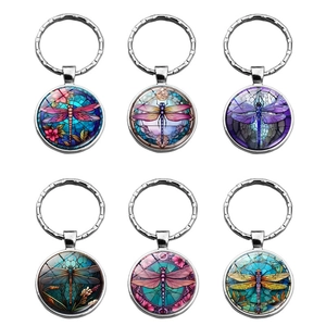 Vintage Stained Glass Style Dragonfly Pattern Keychain Alloy Round Glass Cabochon Pendant Key Ring For Car Bag Women Men Jewelry
