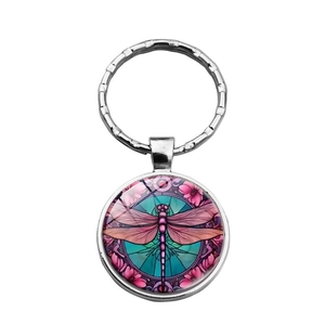 Art Nouveau dragonfly keychain with pink cherry blossoms and silver metal ring