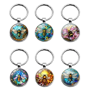Artistic Bee And Flower Metal Keychain Stained Glass Style Round Zinc Alloy Glass Pendant Key Ring For Car Bag Unisex Gift