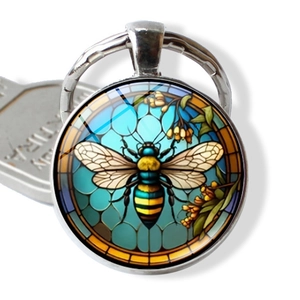 Artistic bee and flower stained glass keychain pendant with polished metal ring for car bags
