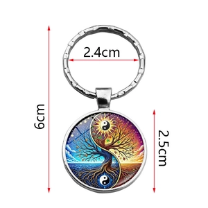 Yin Yang Tree of Life art glass keychain with silver metal ring and 6cm length