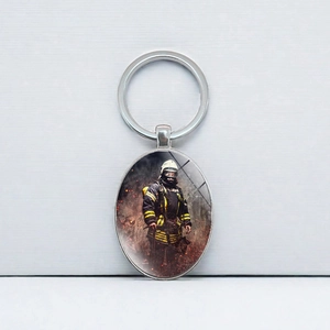 Fashion Heroic Firefighter Oval Keychain Zinc Alloy Metal Glass Patch Fireman Key Ring For Car Bag Pendant Gift Jewelry