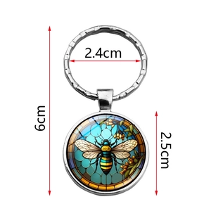 Artistic bee and flower round keychain with silver metal alloy ring and glass pendant
