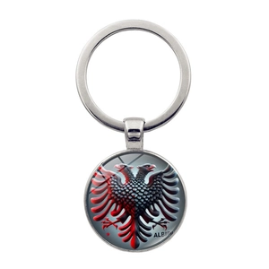 Porte-clés Aigle à Deux Têtes Albanie en Alliage de Zinc Patch en Verre Anneau Ethnique pour Fans de Football Pendentif Sac Voiture Bijou