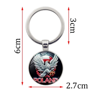 Silver metal Poland eagle coat of arms keychain with circular glass cabochon pendant