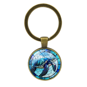 Creative turtle keychain pendant with colorful mosaic art glass in vintage bronze finish
