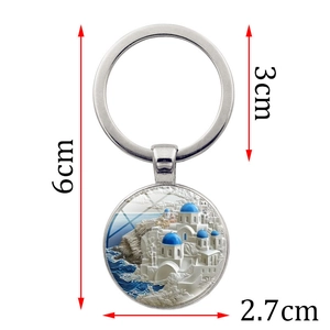 Santorini metal keychain with 3D embossed blue dome church charm and circular ring