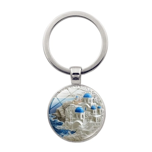 Santorini Greece Metal Keychain Pendant 3D Relief Mediterranean Style Travel Souvenir Key Ring For Car Bag Decoration