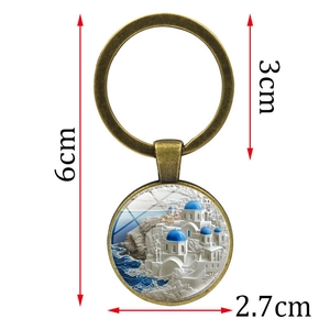 Santorini Greece blue dome church keychain in vintage bronze metal with 3D relief design