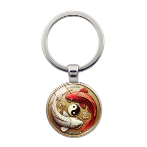 Lucky Koi Fish Yin Yang Tai Chi Keychain Zinc Alloy Glass Cabochon Good Luck Pendant Antique Bronze Silver Key Ring Gift