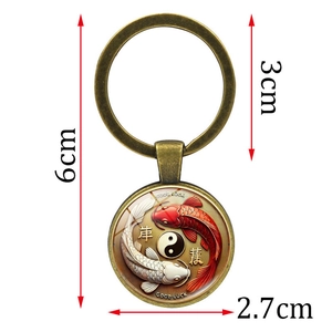 Lucky Koi Yin Yang Tai Chi keychain with Good Luck glass pendant and antique bronze ring