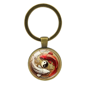Vintage metal keychain with koi fish yin yang pendant and good luck message