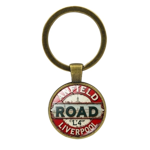 Vintage Anfield Road Liverpool keychain in bronze metal with red glass cabochon pendant