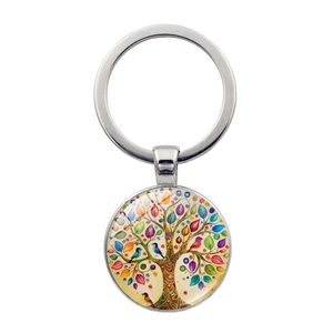 Porte-clés Arbre de Vie en Alliage de Zinc Pendentif Dôme en Verre Motif Nature Coloré Porte-clés pour Sac Hommes Femmes