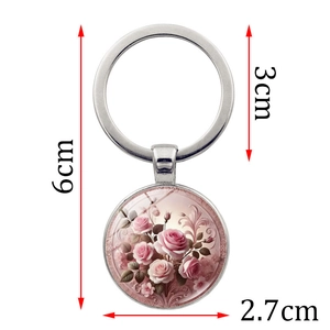 Pink rose flower keychain with round glass pendant and metal ring dimensions 6cm total