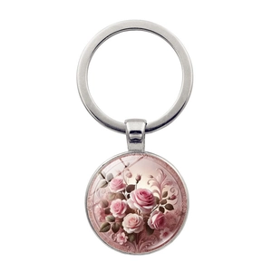 Vintage Pink Rose Round Glass Cabochon Keychain Zinc Alloy Floral Pendant Key Ring For Women Bag Charm Car Accessory Gift