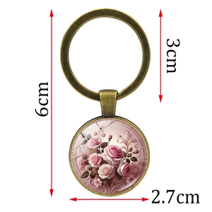 Vintage bronze rose floral keychain with pink flower art glass pendant for bags