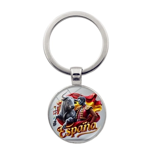 Spain Matador Bullfighting Bull Metal Keychain Souvenir España Flag Glass Patch Key Ring Car Bag Pendant Ornament Gift