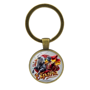 Spanish bullfighter keychain in bronze metal with Spain flag and bull pendant charm