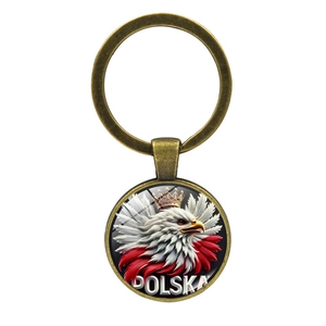 Porte-clés vintage en bronze avec emblème de la Pologne en verre et l'inscription POLSKA