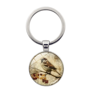 Vintage Zinc Alloy Bird On Cherry Tree Branch Keychain Retro Glass Cabochon Key Ring For Bag Charm Women Jewelry Gift