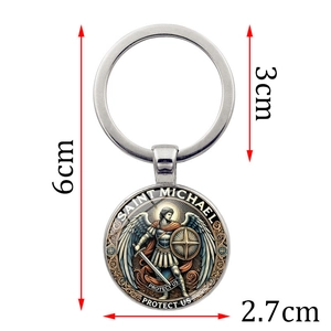 Saint Michael keychain with silver polished metal ring and protective angel pendant icon