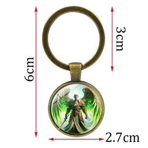 Archangel Raphael bronze keychain with green angel pendant and size measurements