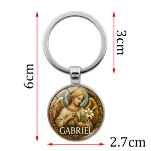 Portachiavi religioso dell'Arcangelo Gabriele con illustrazione vintage e anello in metallo argento