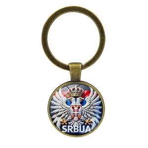 Vintage bronze Serbia national emblem keychain with eagle glass cabochon pendant