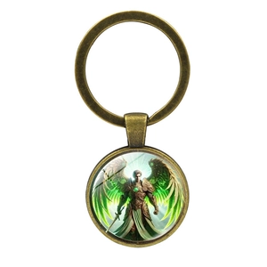 Vintage Archangel Raphael keychain with bronze metal ring and green winged warrior pendant