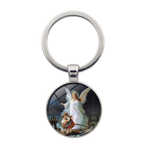 Porte-clés Vintage en Alliage avec Cabochon en Verre Ange Gardien Pendentif de Sac Religieux Anneau de Clés de Voiture