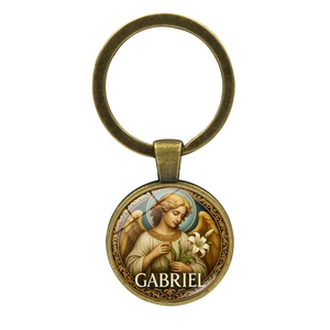 Portachiavi vintage in bronzo Arcangelo Gabriele con ciondolo in vetro e metallo