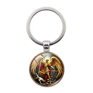 Saint Michael Archangel Metal Keychain Religious Zinc Alloy Glass Pendant Key Ring For Car Bag Accessory Jewelry Gift