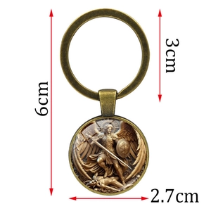 Vintage bronze Archangel Saint Michael keychain with religious art pendant 6cm