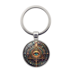 Hamsa Evil Eye keychain with All-Seeing Eye glass cabochon on silver metal ring