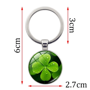 Silver metal lucky four-leaf clover keychain with green glass cabochon pendant 6cm length