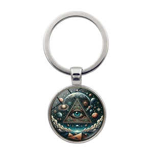 Hamsa Evil Eye keychain featuring a silver mystical pyramid and cosmos glass pendant
