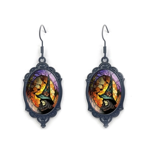 Gothic Halloween Oval Dangle Earrings Vintage Black Alloy Glass Cabochon Witch Bat Crow Drip Oil Ear Jewelry For Women Gift