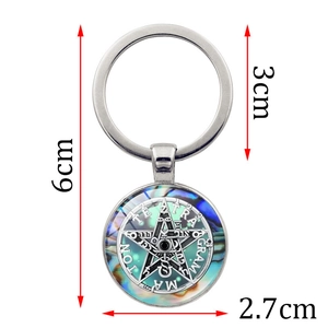 Star pentagram keychain pendant in silver metal with size details of 6cm length