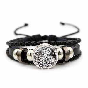 Archangel Saint Michael multilayer braided leather bracelet with embossed metal medal