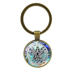 Tetragrammaton pentagram keychain with colorful abalone shell background in bronze finish