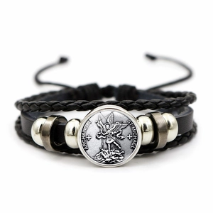 Black multilayer leather bracelet with silver Archangel St. Michael religious medal