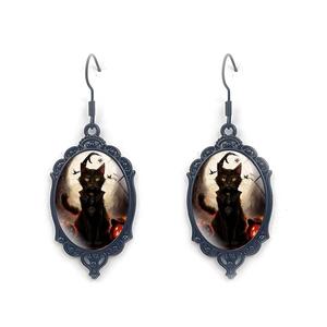 Detailed close-up of gothic black cat earrings with vintage oval frames and bats