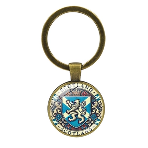 Vintage bronze Scotland keychain with Lion Rampant crest and glass cabochon pendant