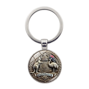 Portachiavi Australia Bandiera Canguro Emu Stemma Tondo in Vetro Cupola Metallo Ciondolo Souvenir Anello Chiave per Auto Borsa