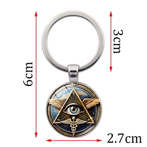 Creative Eye of Providence keychain with wings and caduceus symbol on 6cm metal ring
