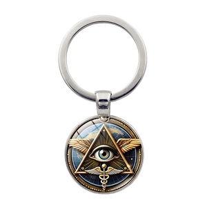 Vintage Eye Of Providence Metal Keychain Zinc Alloy Glass Pendant Wing Caduceus Pattern Mystery Symbol Key Ring Ornament