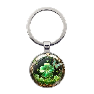 Lucky Four-Leaf Clover And Butterfly Keychain Glass Cabochon Zinc Alloy Metal Key Ring Pendant For Car Bag Jewelry Gift