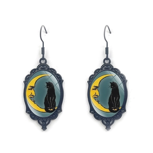 Gothic black cat and crescent moon oval drop earrings for Halloween gifts